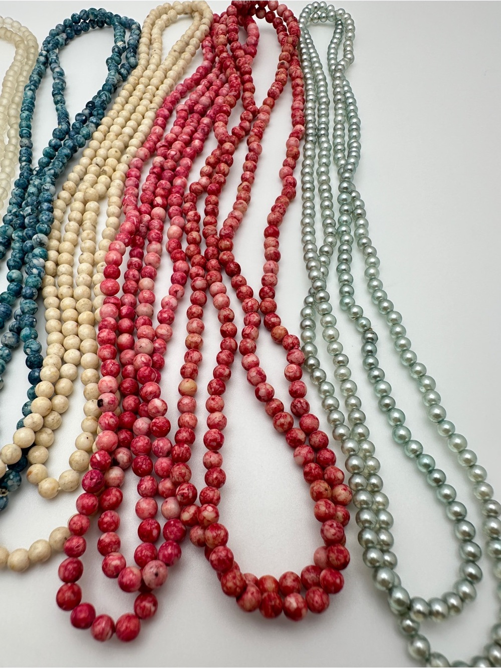 Classic Multicolor Beaded Necklace Set of Five - Red, Teal, Cream, Pearl, Silver - Picture 5 of 10